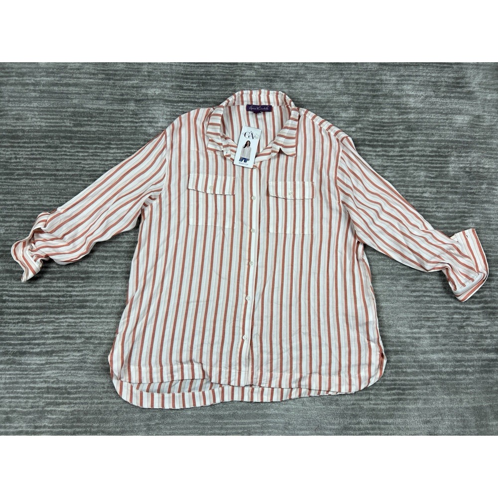 Gloria Vanderbilt Woven Top Women XXL Orange Striped Button Down Long Sleeve NEW
